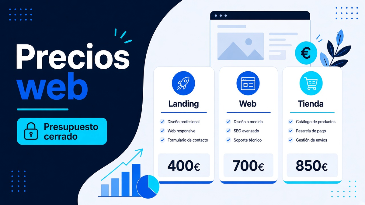 Rangos de precio MakeaWeb con landing 400€, web 700€ y tienda 850€