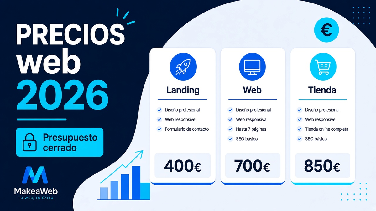 Tarjetas de precio MakeaWeb: landing 400€, web 700€, tienda 850€