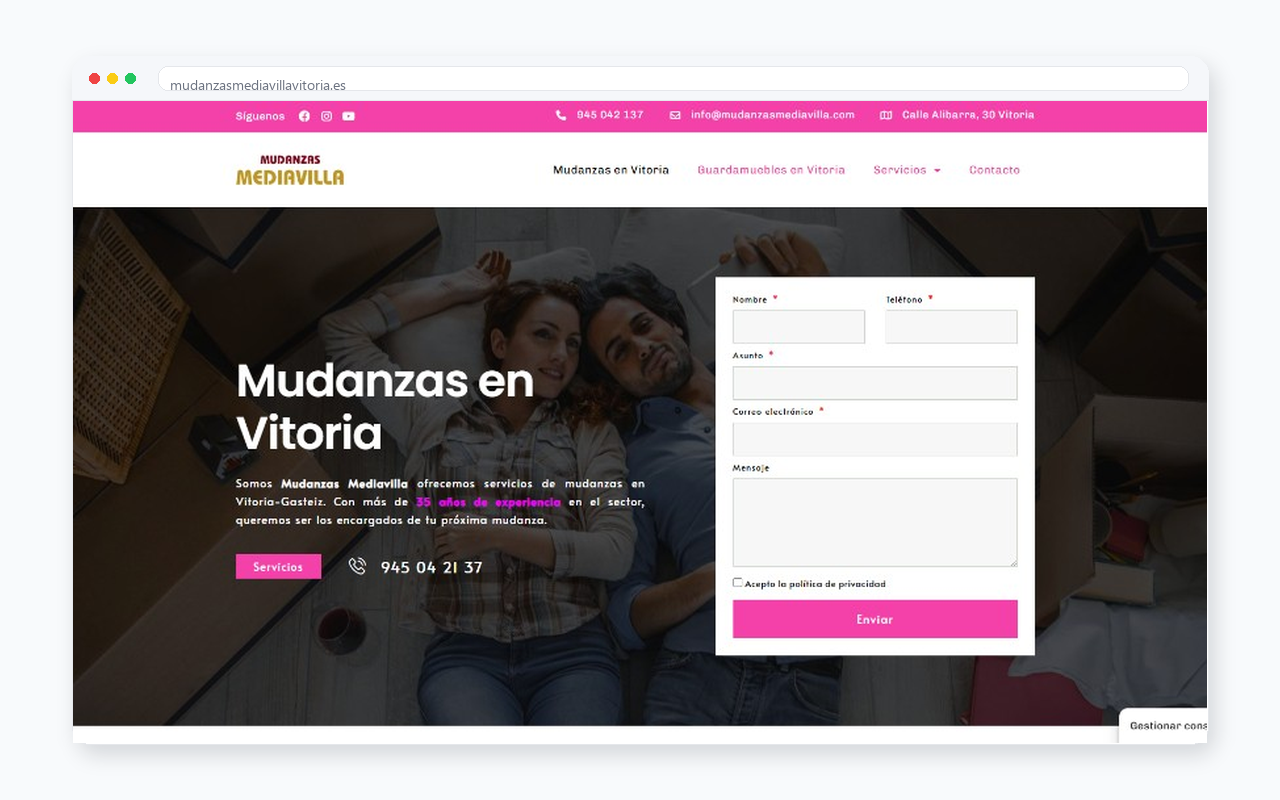 Captura del sitio web de Mudanzas Mediavilla