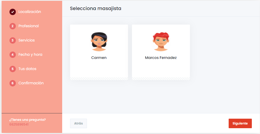 Sistema de reserva para masajista selección del profesional