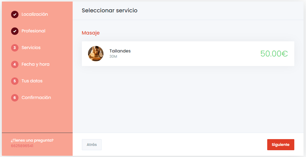 Sistema de reserva para masajista selección del servicio